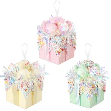 Christmas Tree Gift Boxes Ornaments, Set of 3 Pastel Pink Yellow Green Glitte...