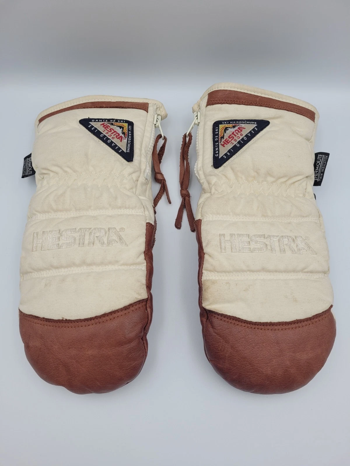 Hestra Ski Gloves Mits Cowhide Brown And Cream Vintage Thermolite Insulated Zips