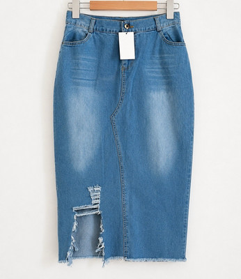 Regina Sloan Distressed Denim Pencil Midi Skirt High Rise Blue Size M