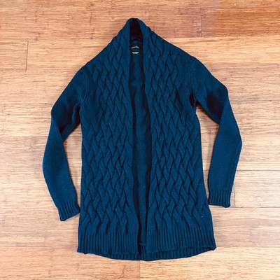 Massimo Dutti Cardigan Navy Blue Wool Cashmere Blend Cable Knit Open Front