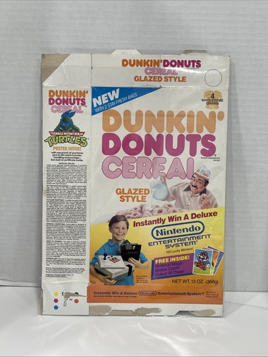 1989 Dunkin' Donuts Cereal Glazed Style Cereal Box Nintendo NES Offer VGC