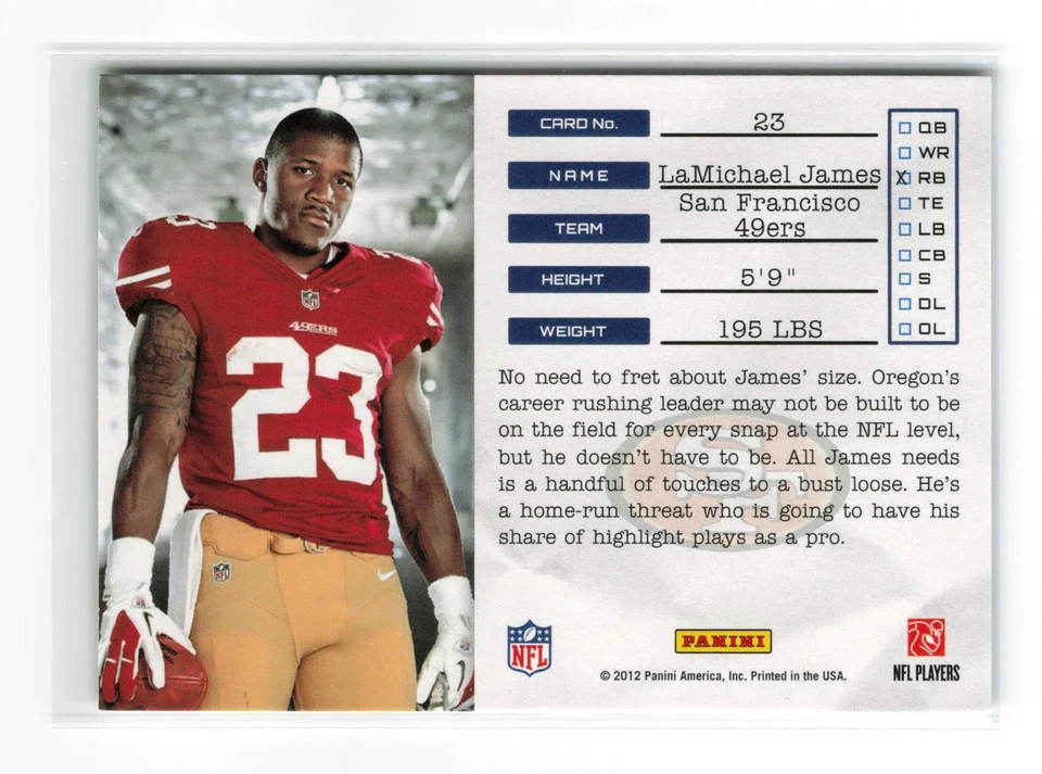 2012 PLAYOFF PRESTIGE LAMICHAEL JAMES #23 RC 49ERS - Image 2 of 2