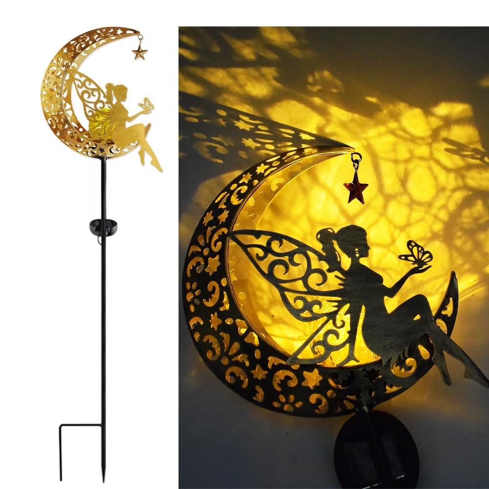 Lumière de fée artisanale fleur lune solaire en fer sculpté résistant aux intempéries