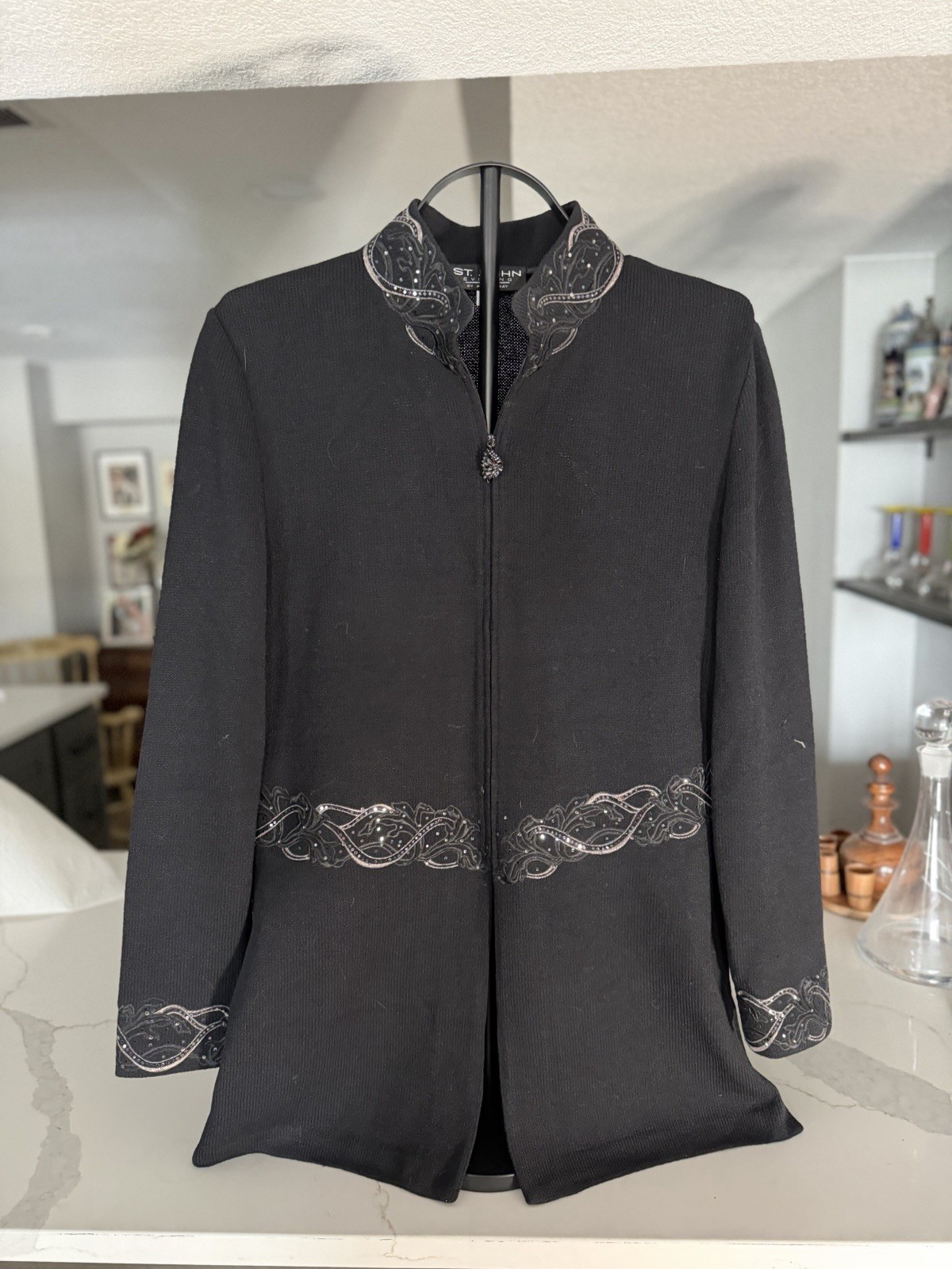 St. John Evening Women’s Black Zip Front Collared Mid-Length Jacket Size 14