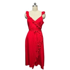 Madewell Red Ruffle Wrap Midi Dress Women Size 8 V Neck Sleeveless Tie Waist