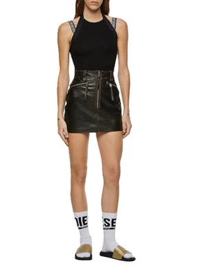 Diesel L-Emilia Jupe Femme W28 Noir Cuir De Vache Look Vintage Zip Fly UVP 395 - Photo 1/4