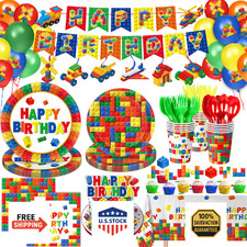 173 PCS Building Block Birthday Party Decorations - Plates, Napkins, Cups, Cutle