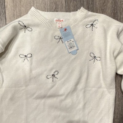 Cat & Jack Girls XL Cream Pullover Sweater Bow Beaded Accents Knit Crew Neck