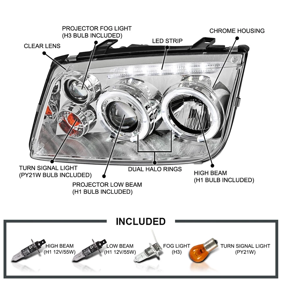 Fits 1999-2005 Volkswagen Jetta/Bora Mk4 LED Halo Projector Headlights Fog Lamps Foto 3 de 4