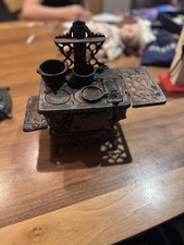 Vintage Antique Crescent Cast Iron Stove Toy With Pots