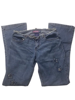 Vintage Y2K Bubblegum Low Rise Flare Jeans Star Patch Distressed Womens Sz 1/2