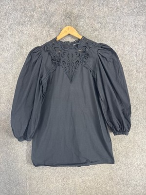 Zara Bluse Damen Größe L schwarz Oberteil Shirt bestickt Rüschendetail Puffärmel