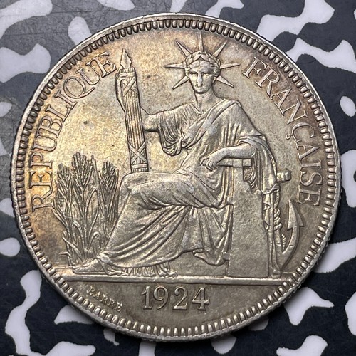 1924-A French Indo-China 1 Piastre Lot#MK133 Large Silver!