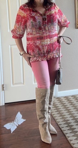 🛍️Marc Bouwer Women’s Red/Pink Print Embellished V Neck Lightweight Boho Top, M - Picture 2 of 9