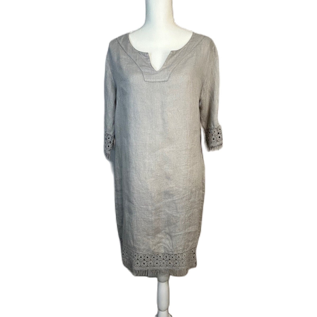 Alessia Pacini Womens Linen Dress Tunic Size M 3/4 Sleeve Crochet Lace  Lagenlook