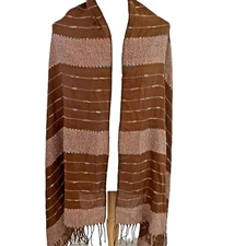 Handwoven TexturedWrap Scarf Brown Colorful Fringe Lightweight 27X80" Reversible