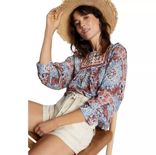 Anthropologie Seen Worn Kept Minuet Blouse Women's M Blue Embroidered Flowy Boho - Picture 12 of 18