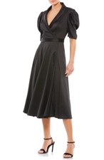 Mac Duggal Black Puff Sleeve Satin A-Line Midi Dress Size 0 $358