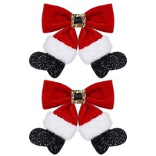 Red Velvet Ribbon Hair Bows 2pc Glitter Sparkly Christmas Santa Claus Decor H...