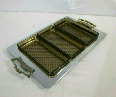 Kromex Chrome Serving Tray with 3 Amber Acrylic Divider Dishes