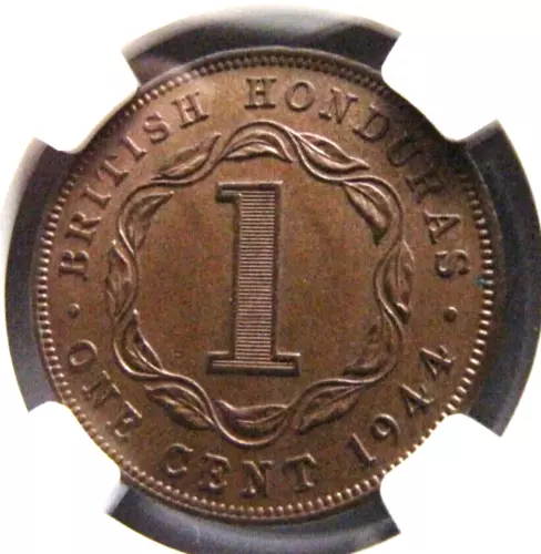British Honduras KM21 1 Cent 1944 NGC AU 58. Rare grade for year.