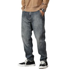 Jeans Uomo Lavati Vintage Distressed A Gamba Dritta Larga In Denim Taglia Plus