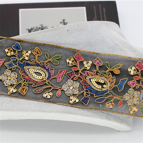 1Yd Embroidered Sequins Lace Trim Ethnic Sew on Ribbon Clothes Accessories DIY - Picture 4 of 5