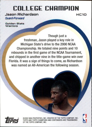2001-02 Topps TCC Heart of a Champion #HC10 Jason Richardson - NM-MT - Imagen 2 de 2