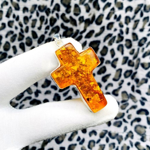 Genuine Baltic Amber Cross Pendant in Sterling Silver – Large Handmade Religious