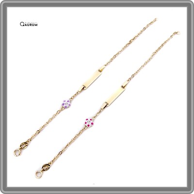 Yellow Gold Girl Bracelet Flower and Plaque Customizable Baptism Gift 