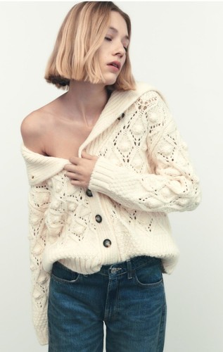 ZARA CREAM CARDIGAN WITH POMPOM DETAILS SIZE S - Picture 3 of 20