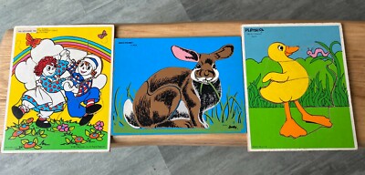 Vintage Rabbit Wood Puzzle Judy 1974 Duck Playskool Raggedy Ann Andy 1987 USA