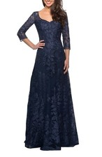 La Femme Floral Embroidered Mesh A-Line Gown, Size 14 4 6 16 18 in Navy