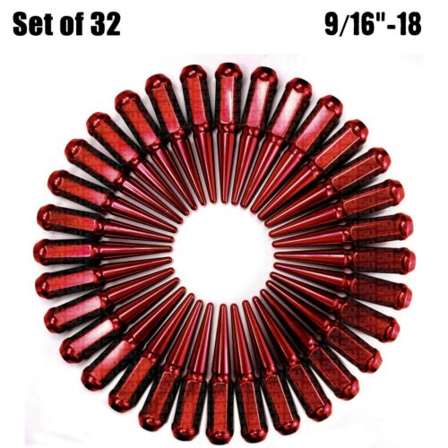 32 RED Spike Lug Nuts 9/16-18 fit Ram 2500 3500 Cummins AM General Hummer H1 RD5 - Picture 1 of 11