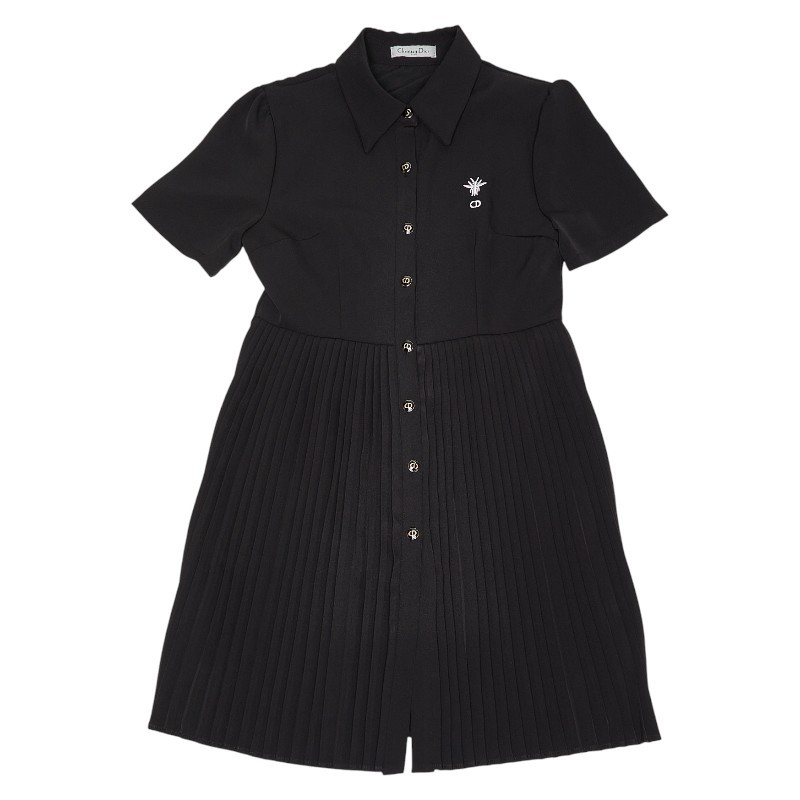 Christian Dior BEE Bee CD logo Short Sleeve Pleated Dress Size L Women 【Us...