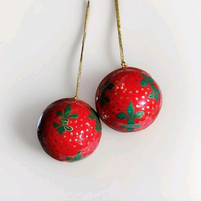 Vintage Kashmiri Paper Mache Christmas Ornaments (2) Hand Painted Fleur De Lis