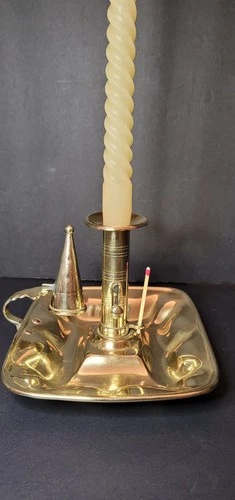 Antique Georgian Brass Chamberstick Candle Holder with Ejector Snuffer