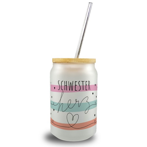 Herzen Trinkglas Mit Bambusdeckel Mit Spruch Schwesterherz-image