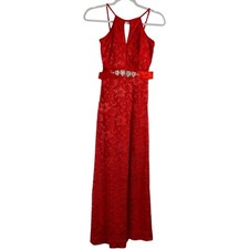 VTG Red Formal Long Lace Maxi Dress SZ S Sleeveless Halter Jeweled Y2K Prom Sexy