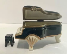 Grand Piano Black Porcelain Hinged Trinket Keepsake Box With Mini Bench - New