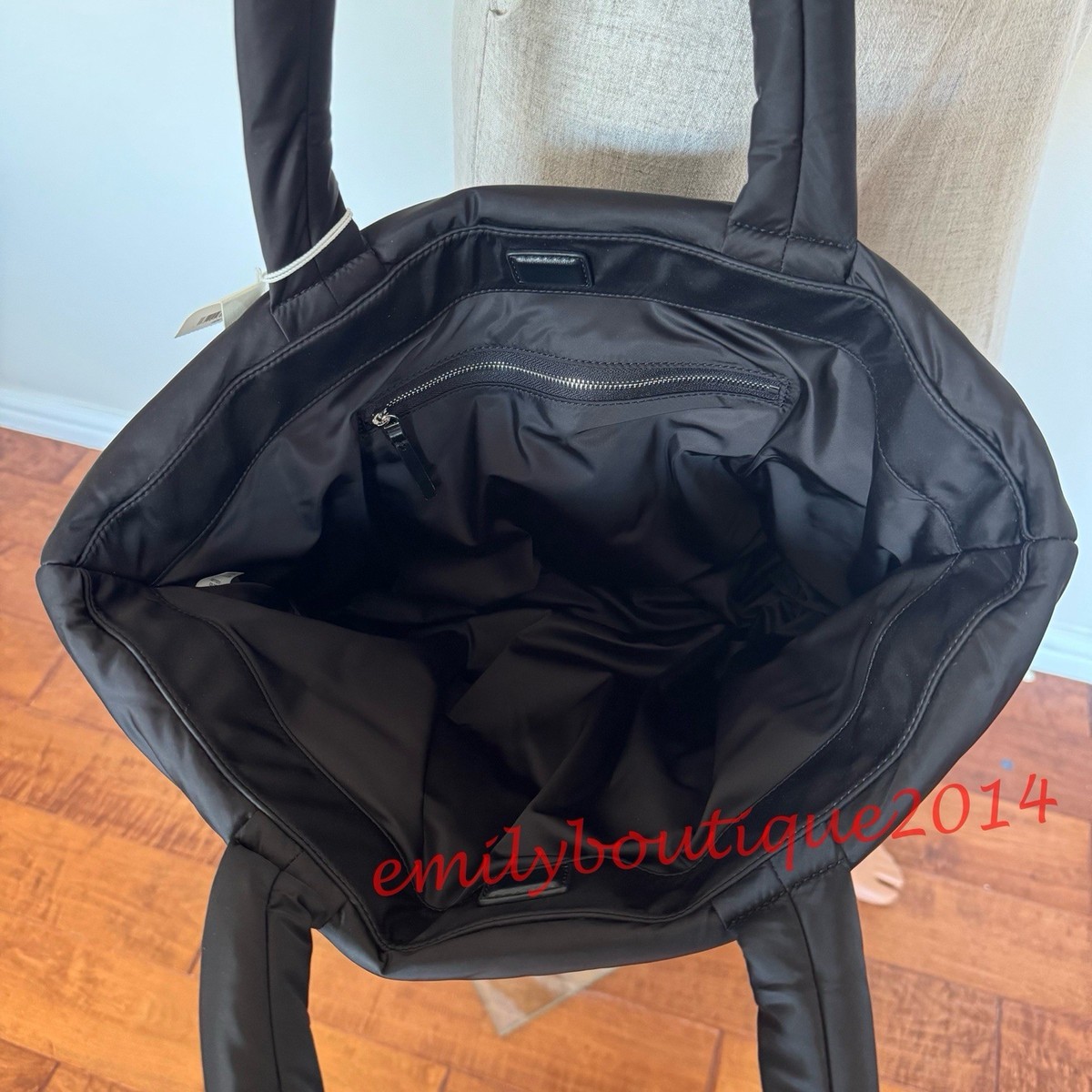 NWT Tory Burch 167626 Britten Nylon Puffy Tote Black Silver Logo