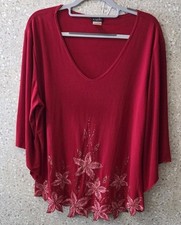 Luna USA 2X Red Embellished Floral Beaded Blouse Tunic Top Made in USA