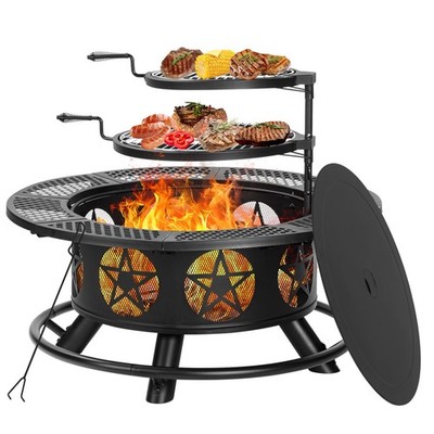 42 Inch Fire Pit with 2 Grills, Extra Large Wood Burning Fire Pits for Outside