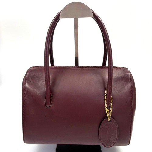 Must de Cartier Authentic Mini Boston Bag Handbag 2C Logo Charm Leather Bordeaux