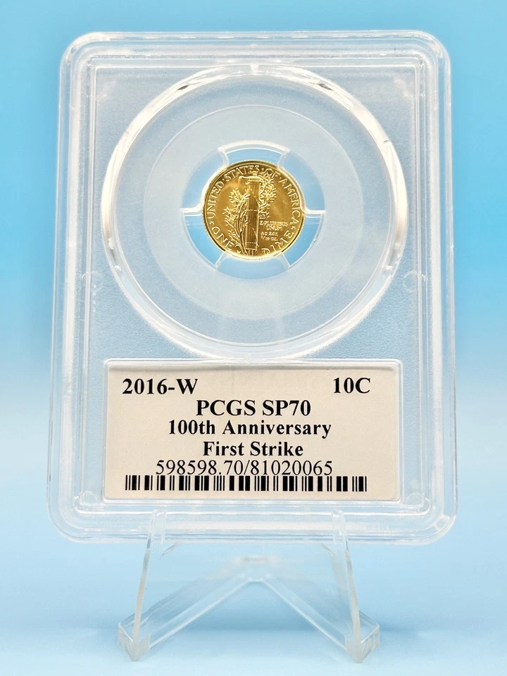 Moneda de diez centavos Gold Mercury 2016-W PCGS SP70 First Strike 100 aniversario Foto 2 de 2