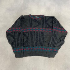 Vintage Knitted Jumper Abstract Patterned Grandad Knit Sweater With Leather
