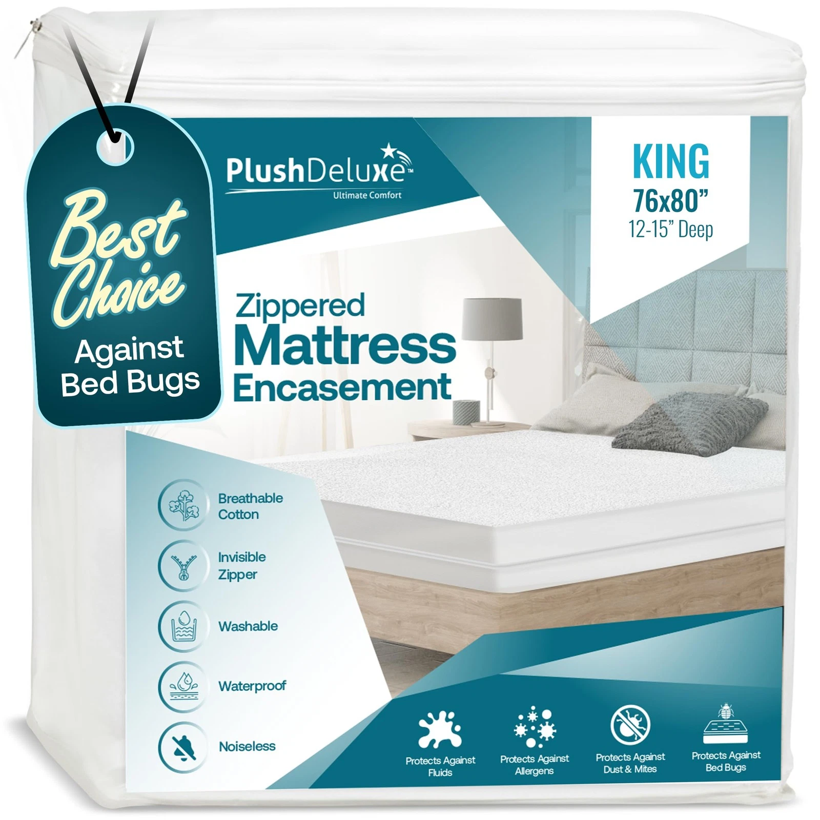 PlushDeluxe Premium 100 Waterproof Mattress Encasement, Breathable Soft Cotto...