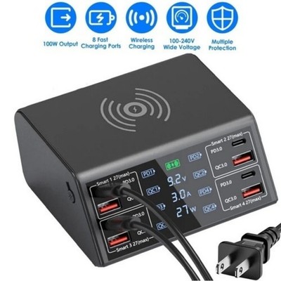 US 100W 8 Port Multi USB-C PD QC3.0 Fast Charger Phone Wireless Charging Station
