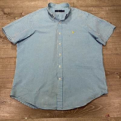Ralph Lauren Shirt Mens XL Blue White Gingham Button Down Short Sleeve Pony Logo