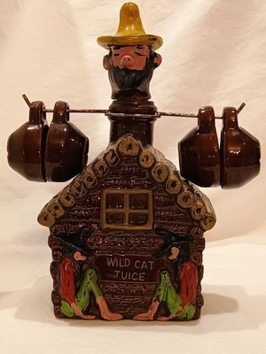 Souvenir Hillbilly Moonshine Log Cabin ''Wild Cat Juice'' EmptyCeramic For Mancave